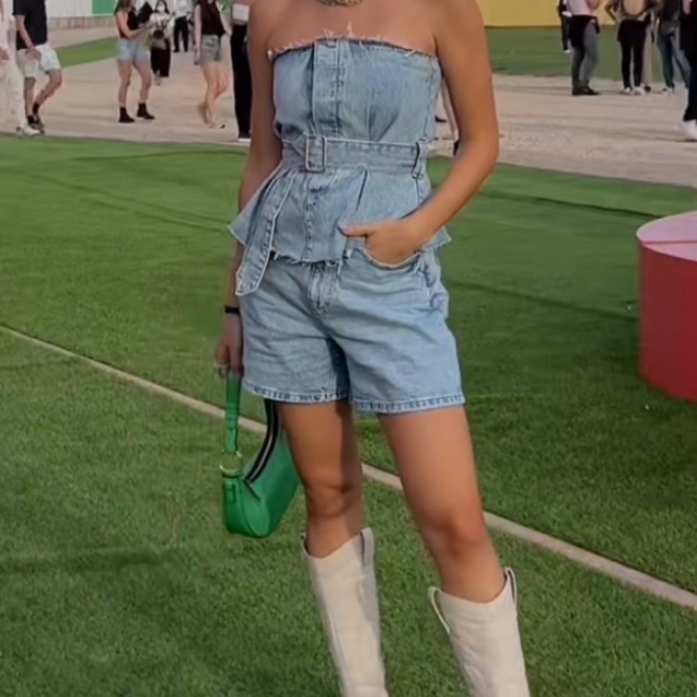 ZARA STRAPLESS DENIM HALTER TOP BELTED BLUE | MED